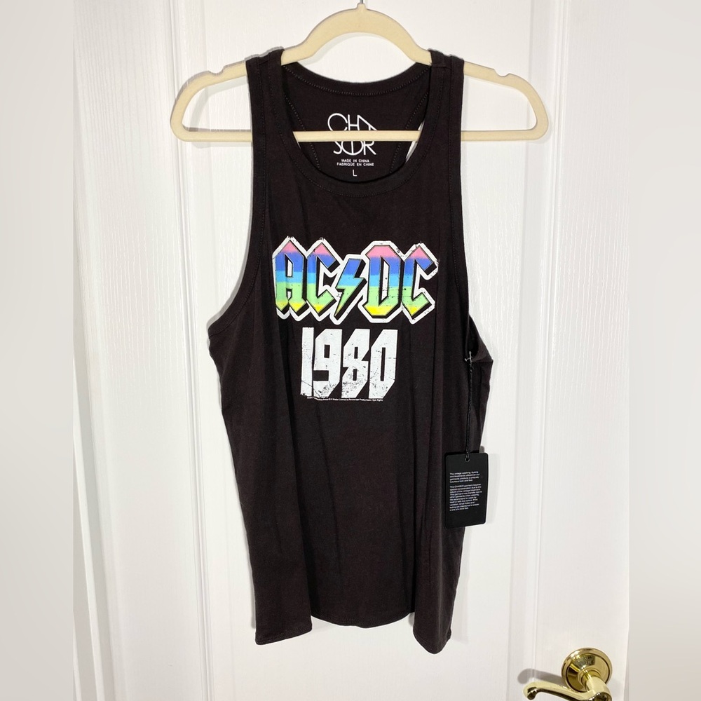 Chaser AC/DC 1980 Rainbow Graphic Racerback Cotton Tank Top Black Size Large